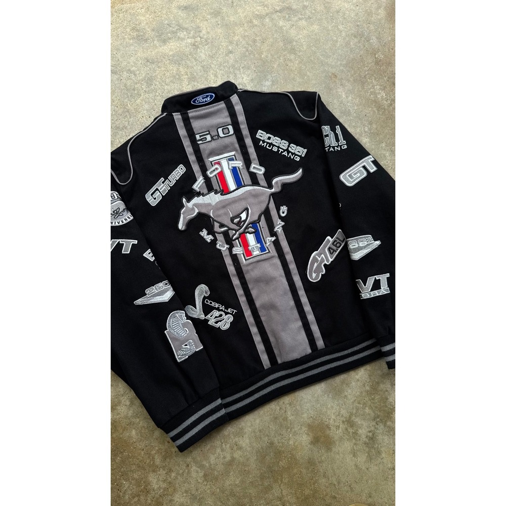 Vintage 90s JH Design Ford Mustang Racing Jacket Workwear Black XS (i2)